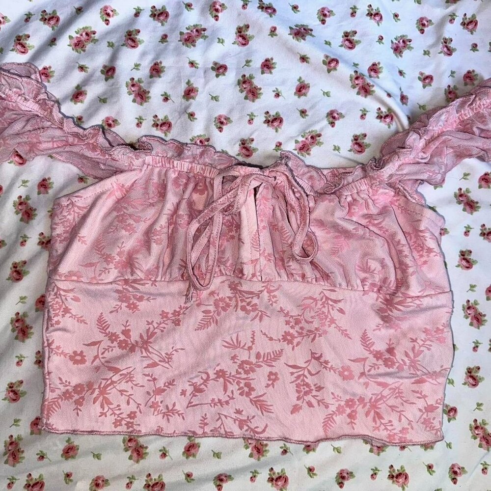 Pink Floral Top with Lace Ruffle Details